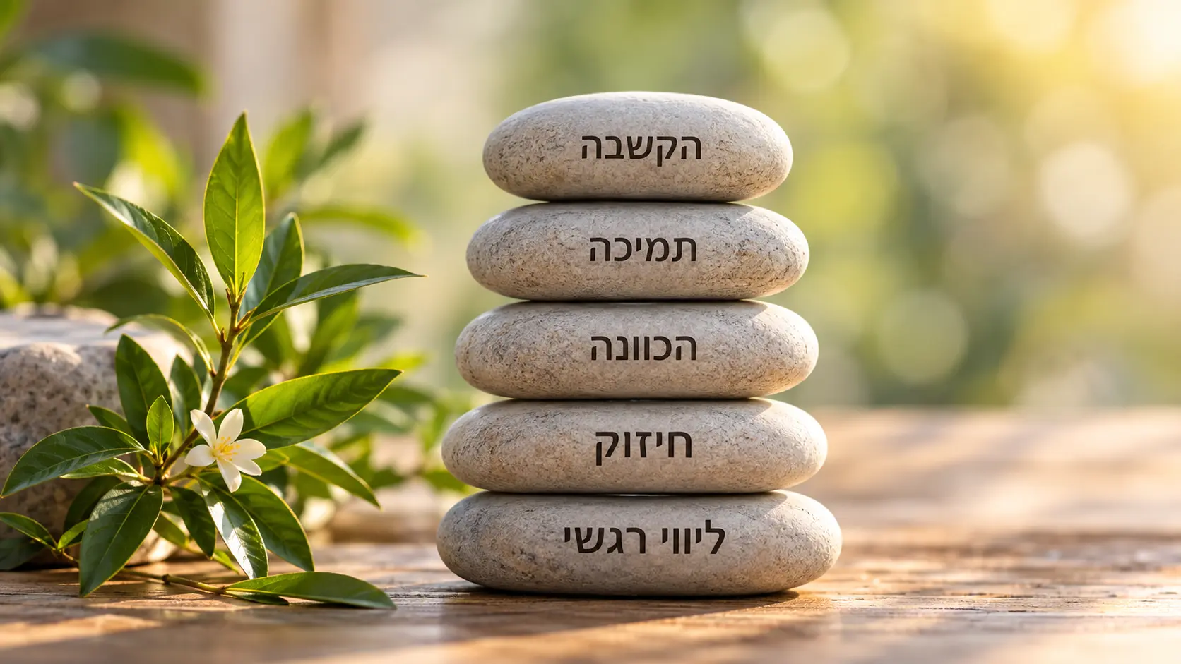 ערימת אבנים מאוזנות עם כיתוב רגשי-רוחני וענף ירוק